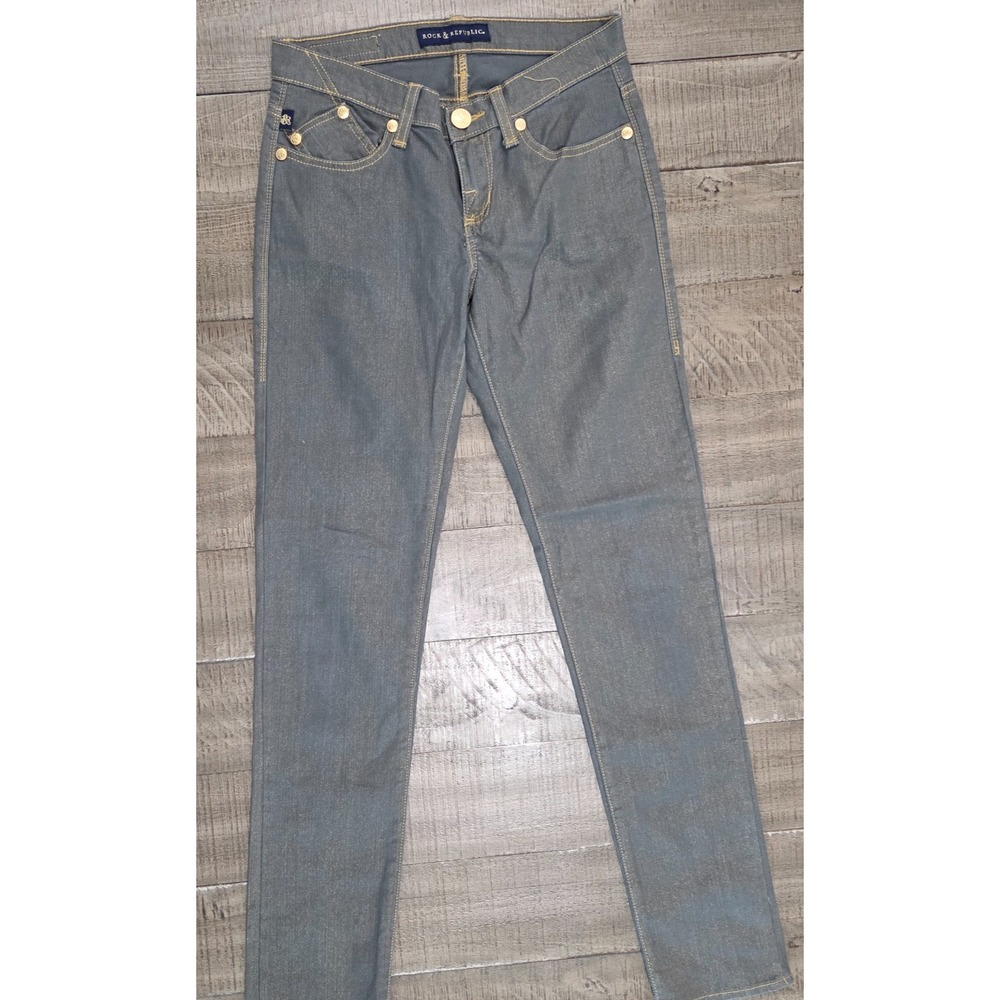 Womens Rock & Republic Berlin Gray & Gold Metallic Skinny Jeans Size 2